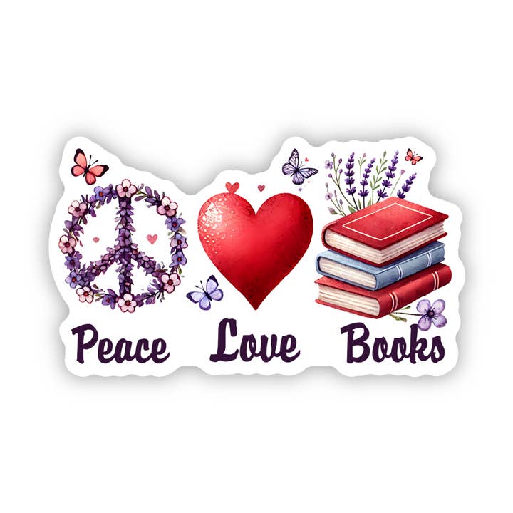 Peace Love Books  Vinyl, Sticker, 3x3 in. for wholesale by Savannah and James Co