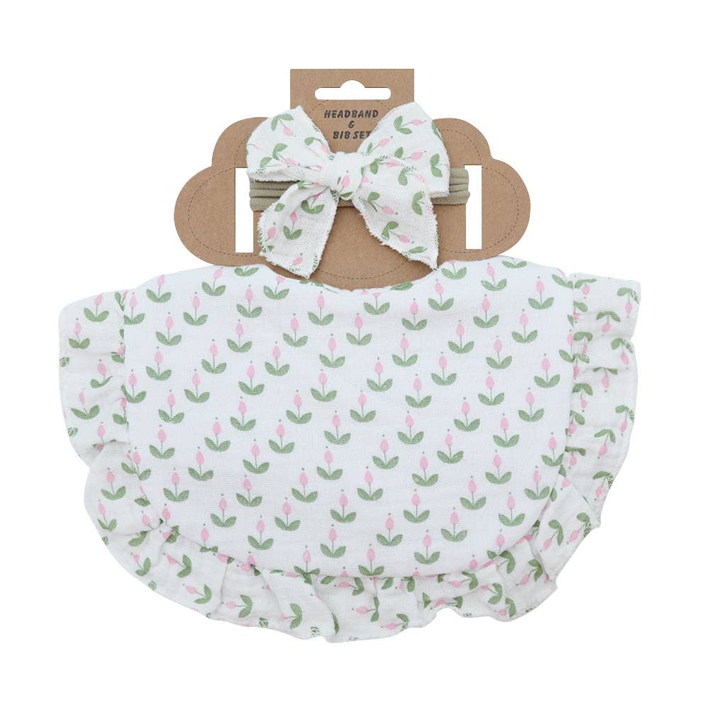 Little Trendy - Vente Bavoir - bébés - Ensembles de bavoirs et de bandeaux en dentelle à volants en coton floral pour bébé2