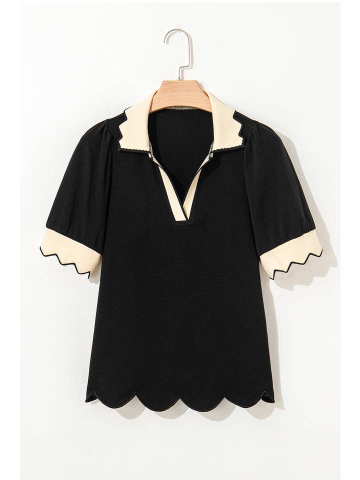 Comme indiqué Blouse à col en V contrasté avec manches bouffantes | S-XL en vente sur Faire