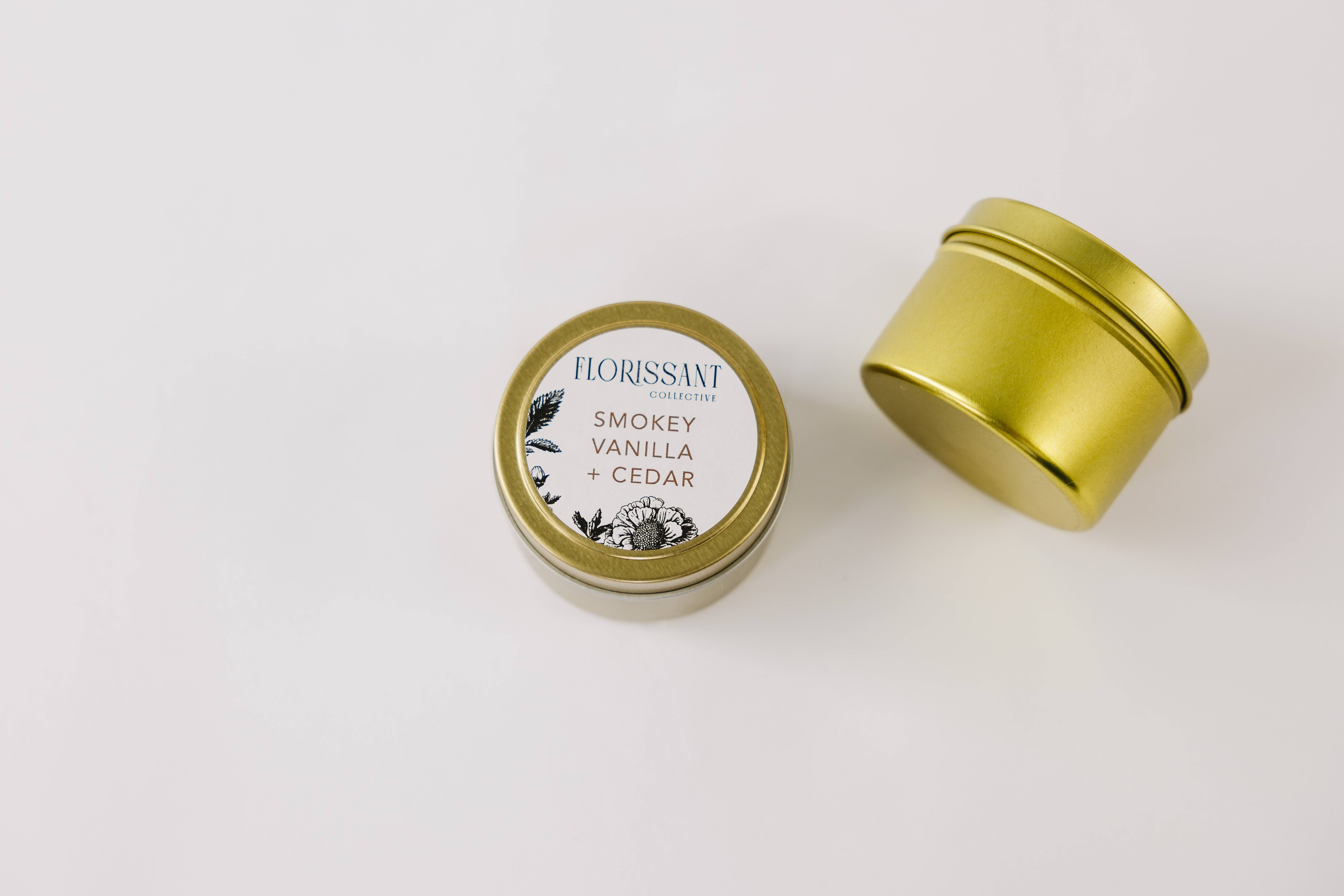 Florissant Collective - Wholesale Jar/Filled Candle - Smokey Vanilla + Cedar Candle Tin5