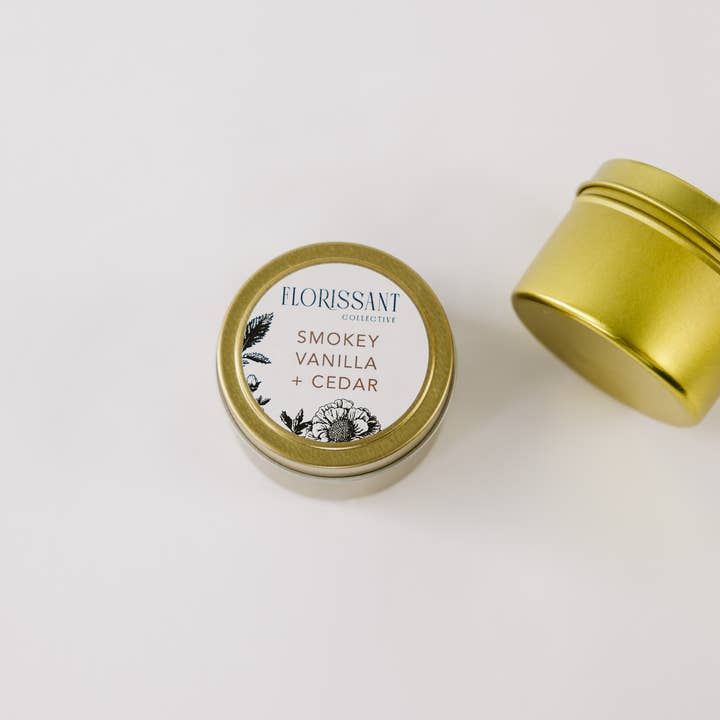 Florissant Collective - Wholesale Jar/Filled Candle - Smokey Vanilla + Cedar Candle Tin5