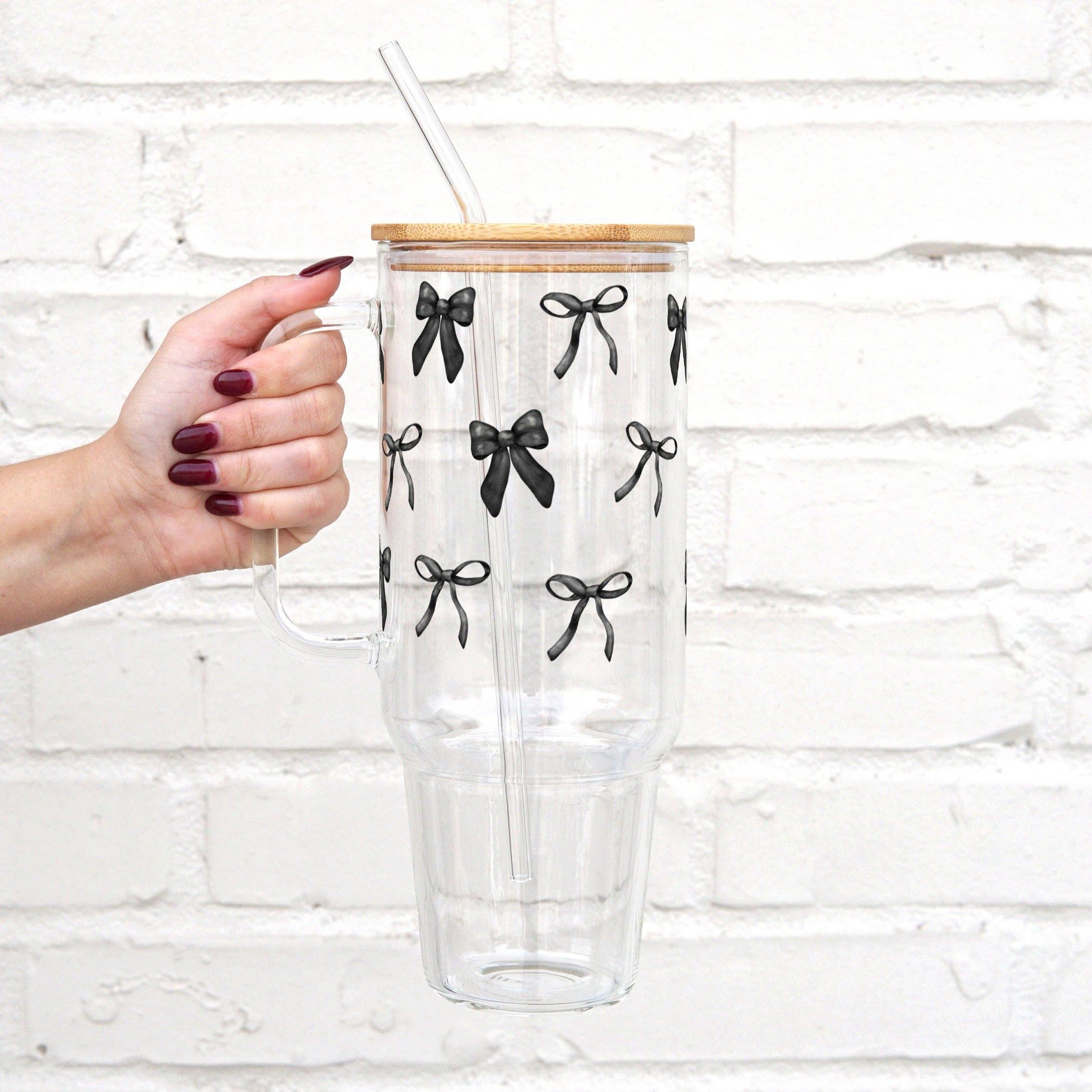 Sip-Sip Hooray! - Vente Gourde/bouteille isotherme - Gobelet en verre Black Coquette Bows 40 oz avec couvercle et paille1