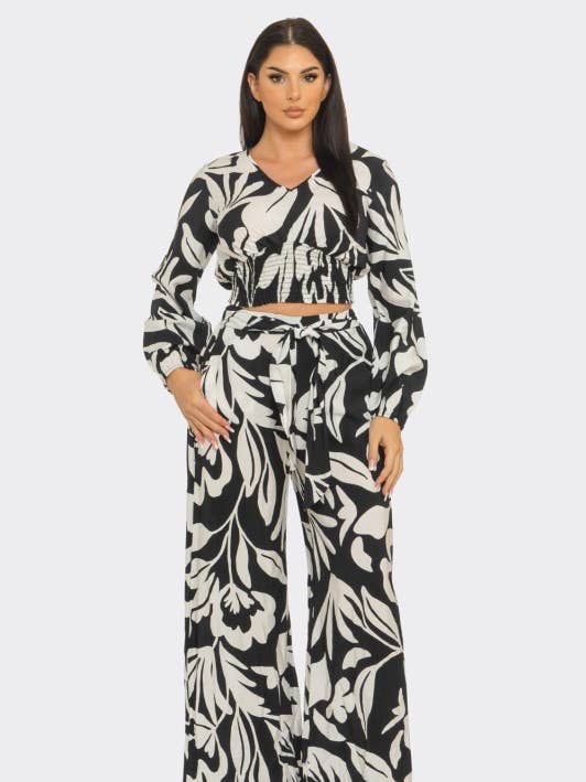 Ensemble haut et pantalon à imprimé floral avec fronces élastiques pour la vente par New Trend On