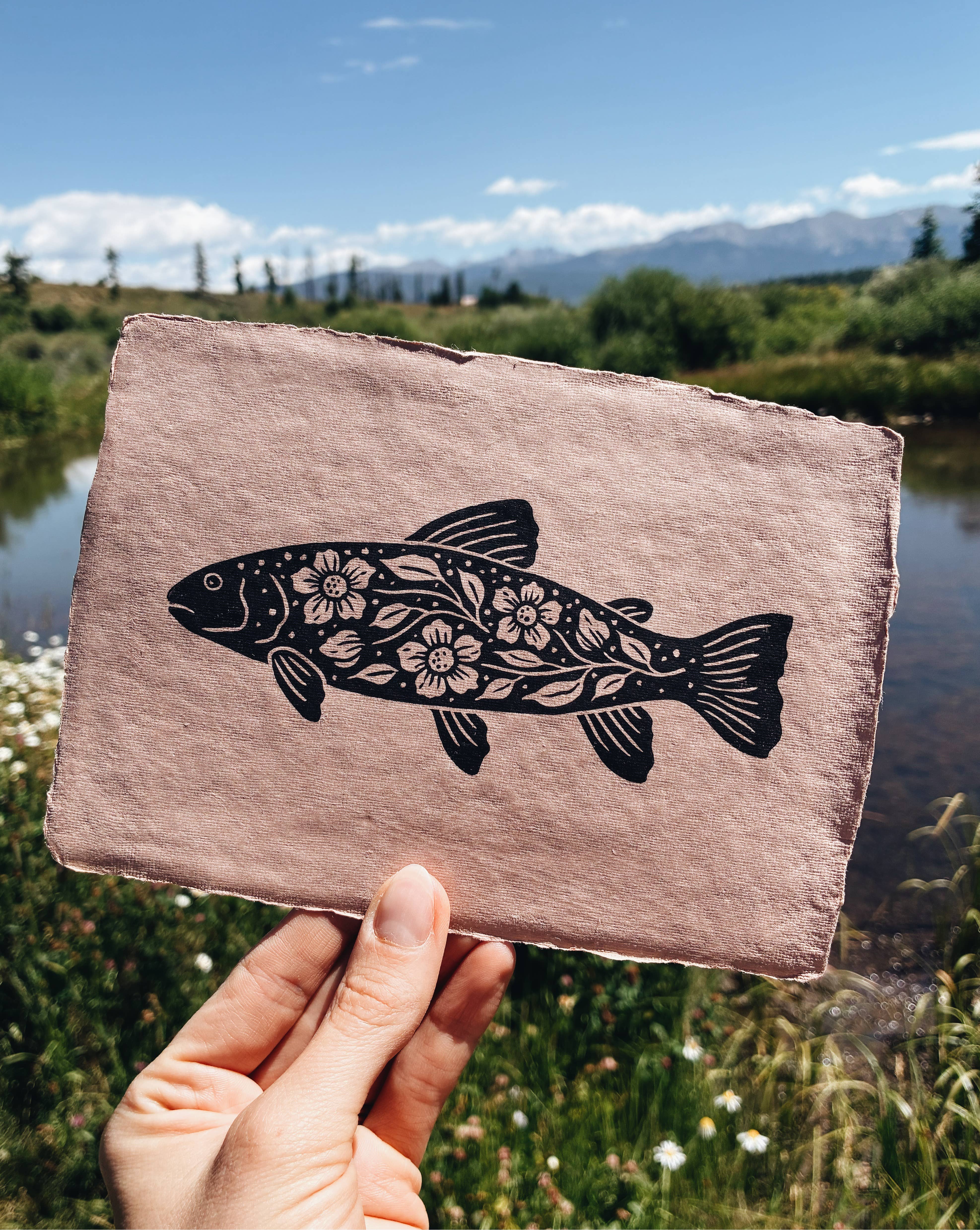 Flora West Design - Wholesale Art Print - 5x7 Folk Floral River Trout Block Print on Clay Handmade0