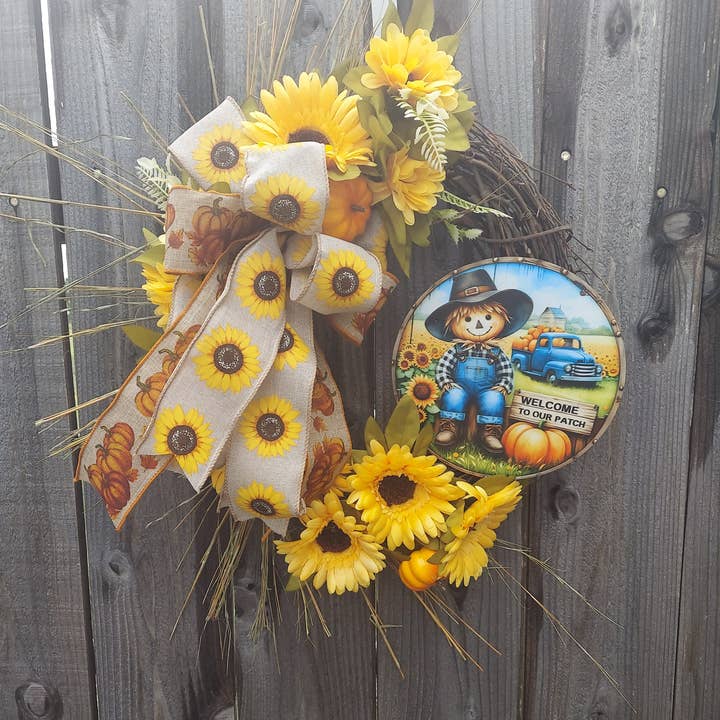 Sunflower, Scarecrow, Pumpkin, and Blue Vintage Truck Wreath for wholesale by An Array of Wreaths, LLC