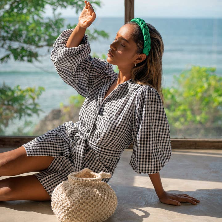 MEGHAN Mini Dress, in Black Gingham for wholesale by Brunna Co