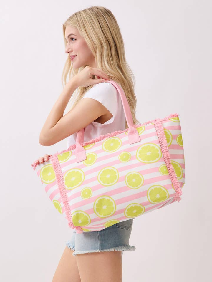 Lemon with Stripe Pattern Fringe Medium Tote Bag for wholesale by Hana