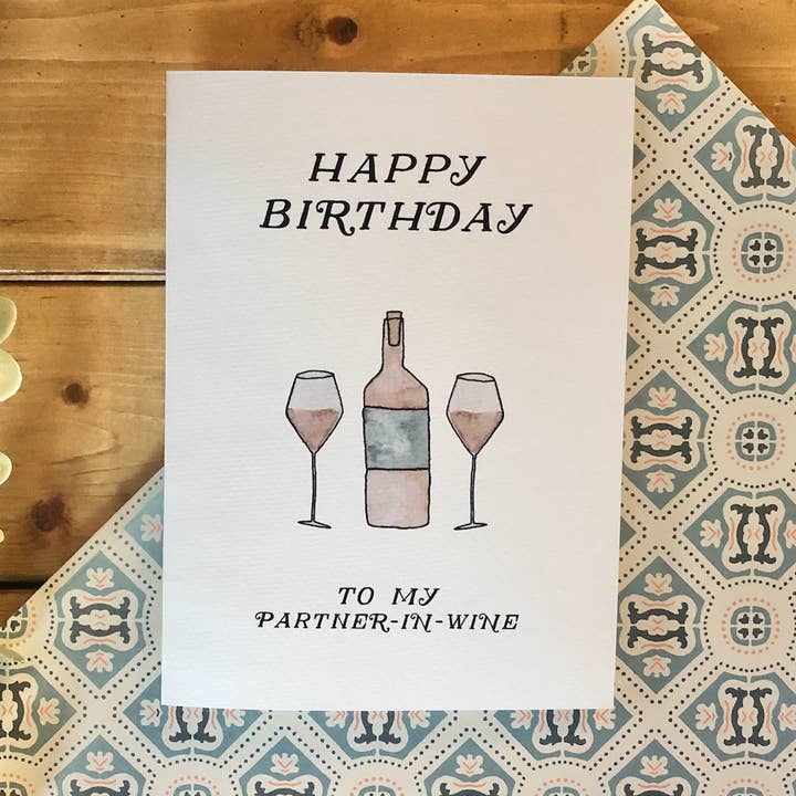 Birthday – “Partner-in-Wine” Punny Red Wine Greeting Card for wholesale by kenziecards