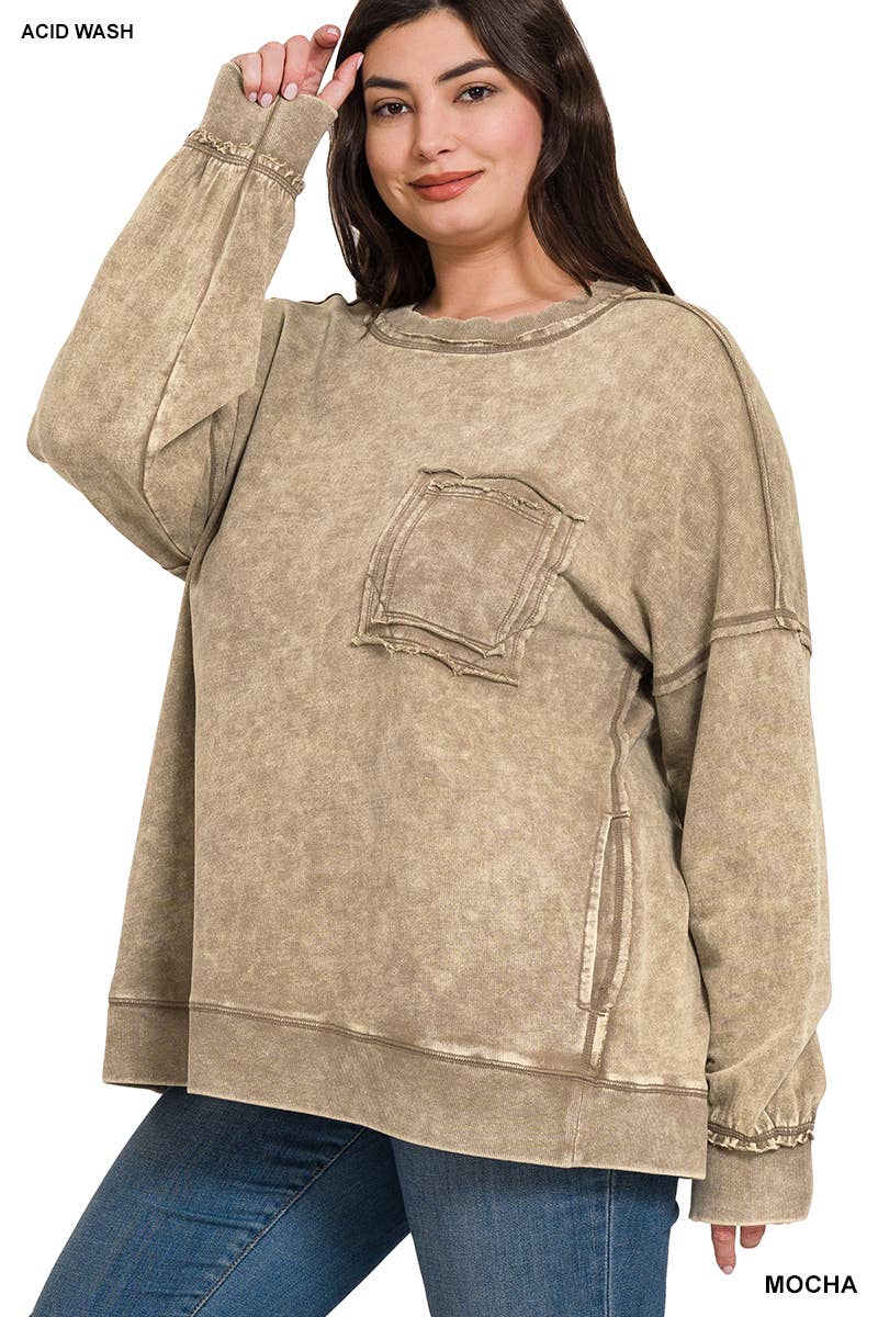 42POPS - Wholesale Sweatshirt - Women's - ', Plus French Terry Acid Wash Raw Edge Front Pocket10