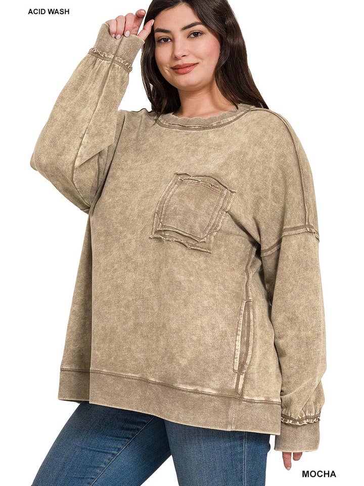 42POPS - Wholesale Sweatshirt - Women's - ', Plus French Terry Acid Wash Raw Edge Front Pocket10