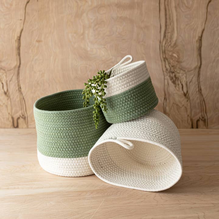 Foreside Home & Garden - Wholesale Basket - SALE - Polly Set 3 Color Block Baskets Green Cotton