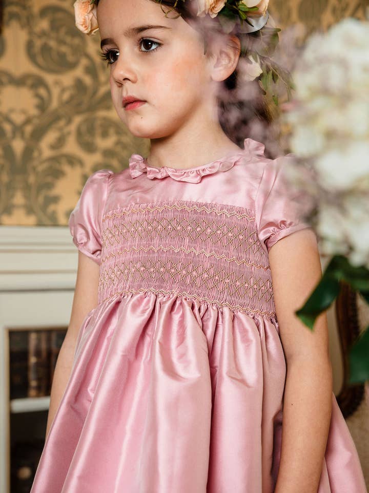 Astrid Pink Silk Smocked Girl Dress for wholesale by Antoinette Paris