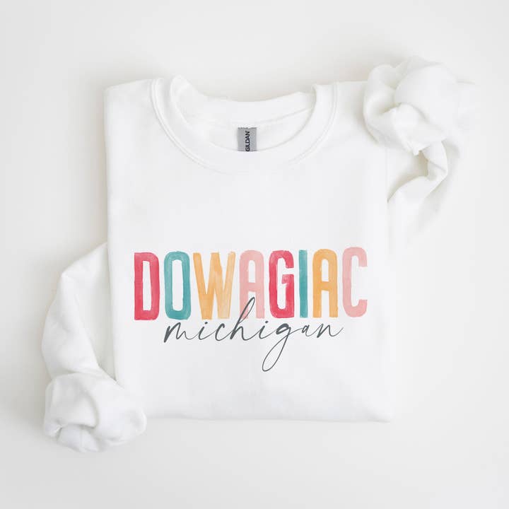 white Gildan Sweatshirt White-Watercolor City Dowagiac Michigan for wholesale on Faire4