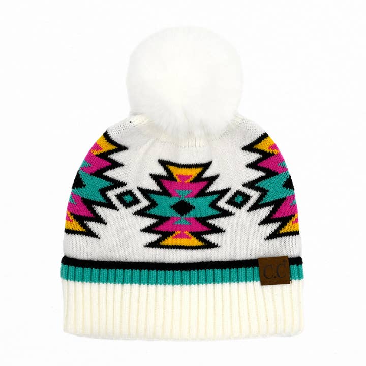 Truly Contagious - Wholesale Beanie - Women's - CC South Western Pattern Faux Fur Pom Beanie ( HTE0030 )