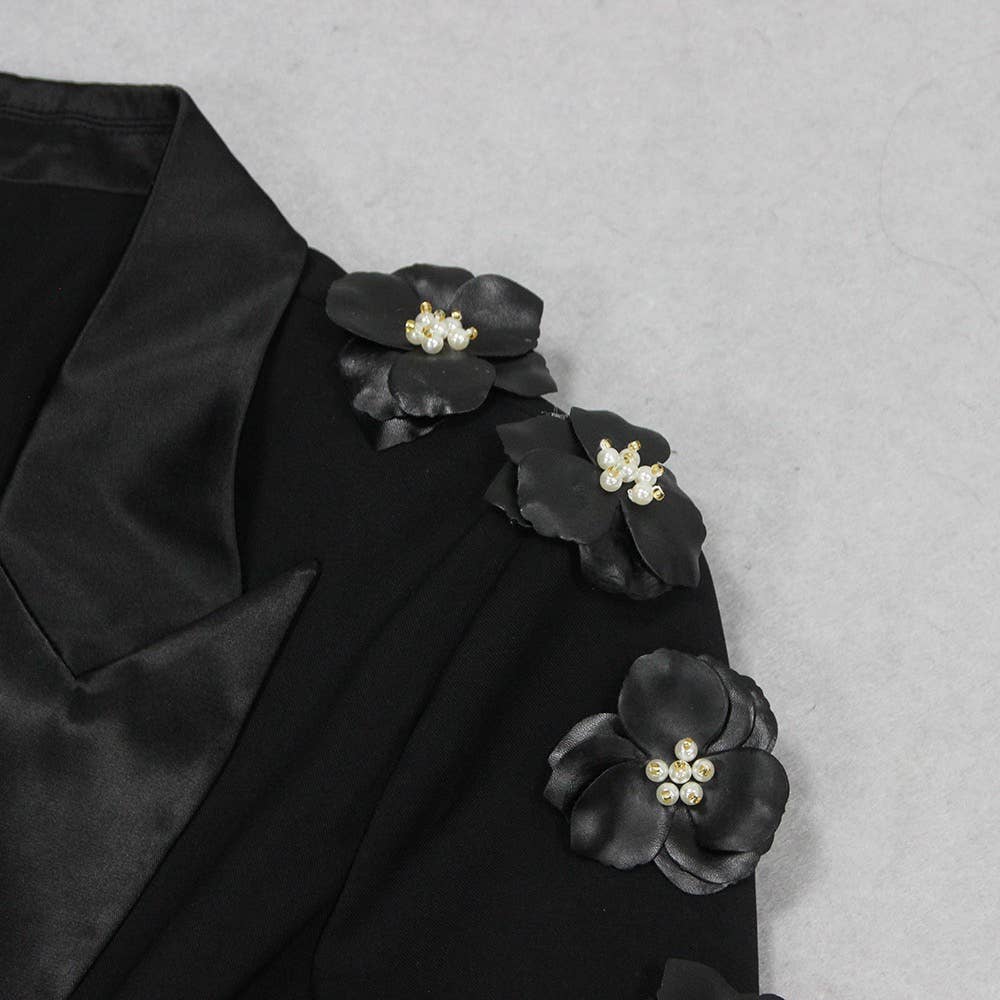 Black SET6-21 Elegant Floral Ruffle Blazer & Flare Pant Suit for wholesale on Faire11