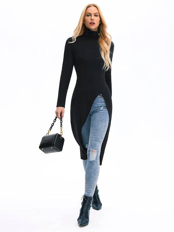 FurDecoration – Großhandel T-Shirt – Damen – Einfarbiges Skinny-Fit-T-Shirt mit hohem Kragen und geteilten Seiten6