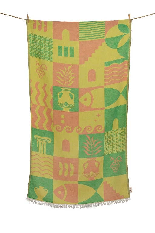 AELIA ANNA - Wholesale Beach Towel - BEACH TOWEL PILOS LIME & YELLOW & CORAL