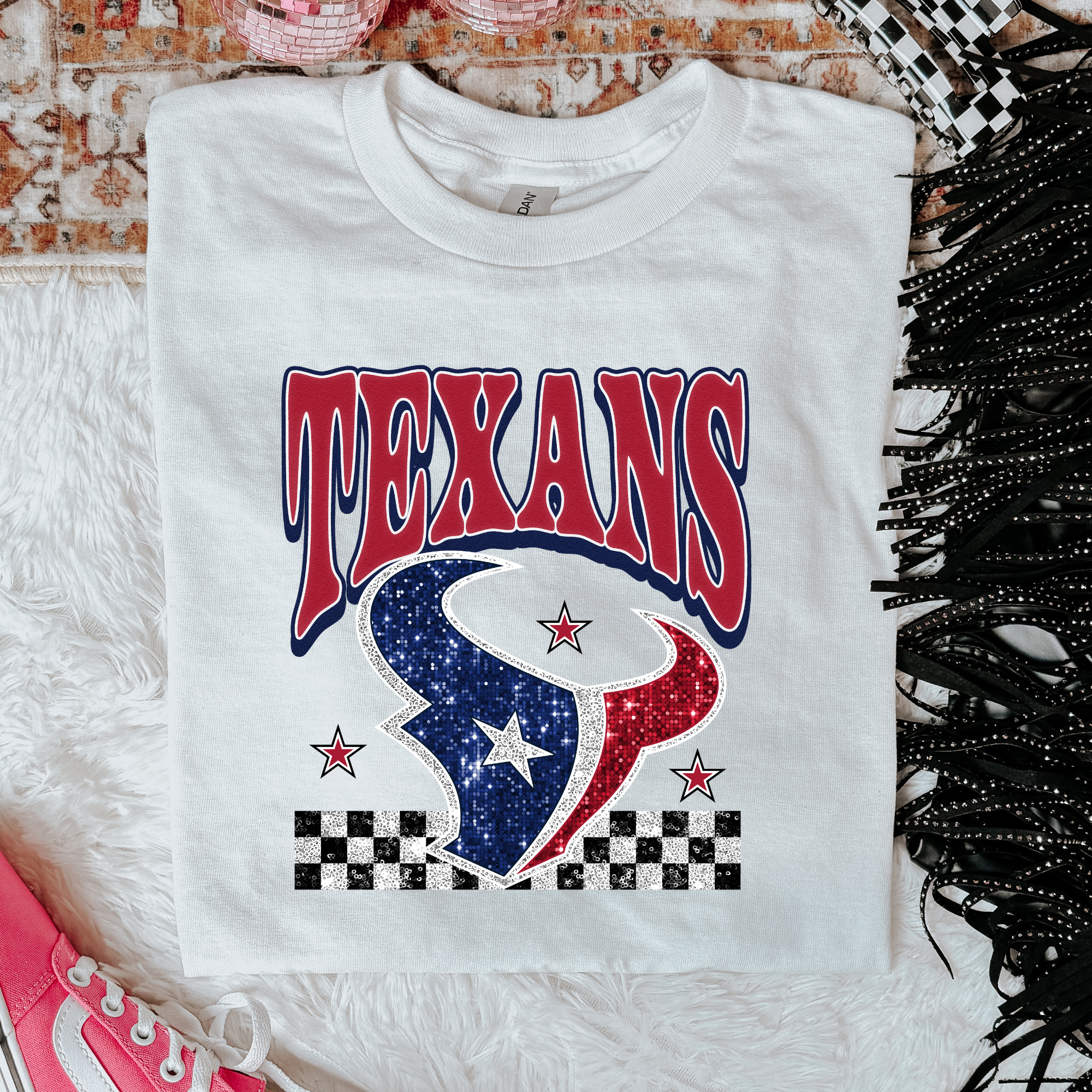 ZZ Threadz - Venta al por mayor Camiseta serigrafiada - Mujer - Camiseta con estampado de tejanos con purpurina sintética0