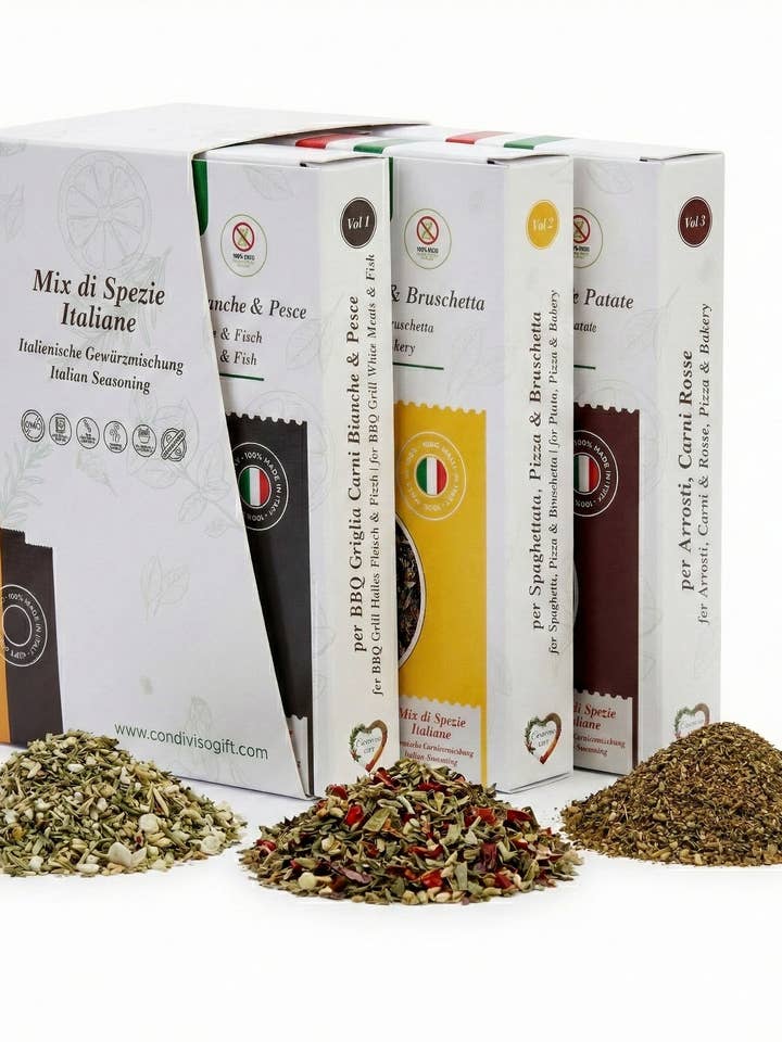 Coffret cadeau Épices 3 mélanges 100 % italiens (pizza, viande, soupes) pour la vente par Condiviso GIFT