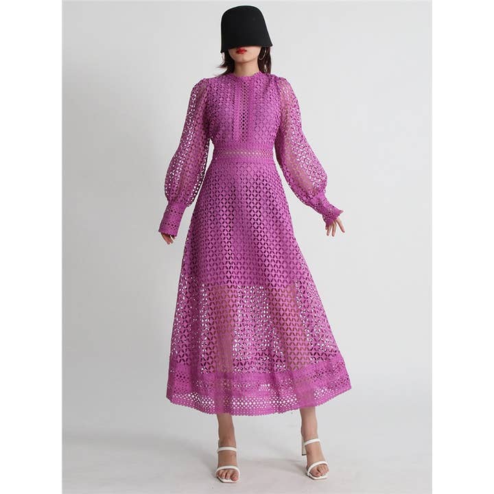 FurDecoration - Wholesale Dress - Women's - Hollow Embroidery Slim Long Sleeve Maxi Dress4