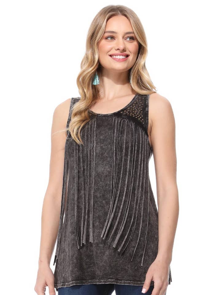 Stone and Long Fringe Front Side Slit Sleeveless Top for wholesale by T-Party