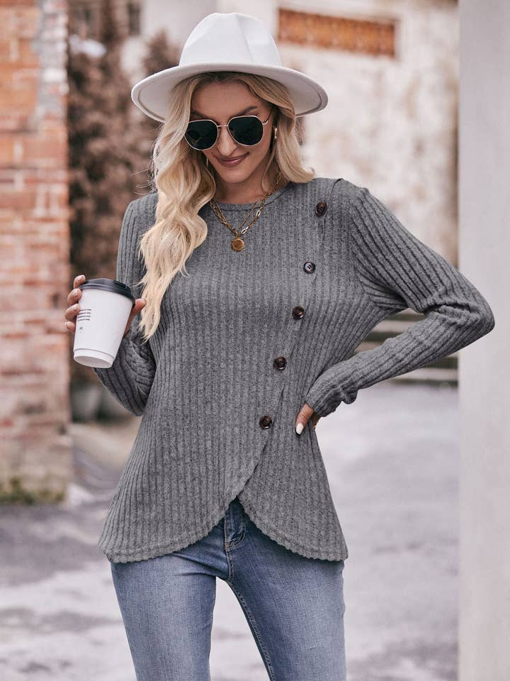 Lovesoft - Wholesale Knit Top - Women's - Round Neck Pit Strip Polished Tulip Hem Solid Color Button T-shirt