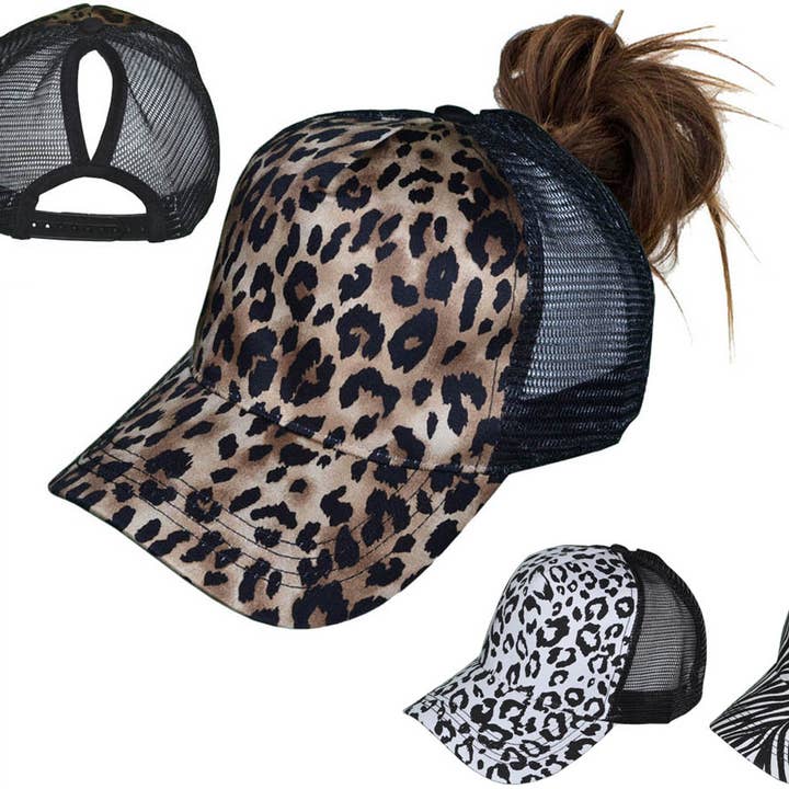 Buck Wholesale - Wholesale Ponytail Cap - Women's - Ponytail Animal Print Trucker Hats - BK Caps Women Fashion
