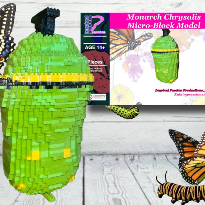 Monarch Chrysalis Micro-Block Brick-model, ontworpen en verpakt in de VS voor wholesale door Inspired Passion Productions,LLC