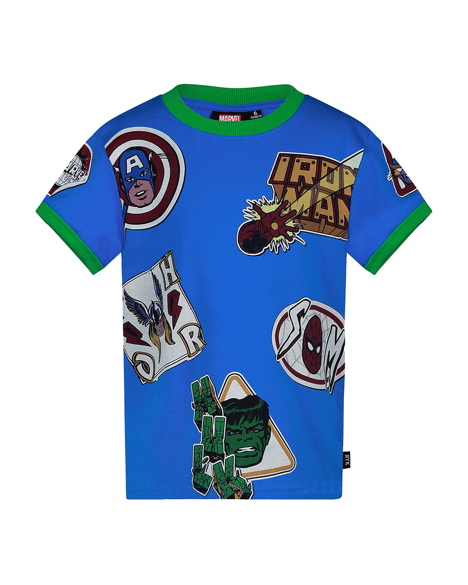 Blue MARVEL AVENGERS BADGE SHORT SLEEVE T-SHIRT for wholesale on Faire