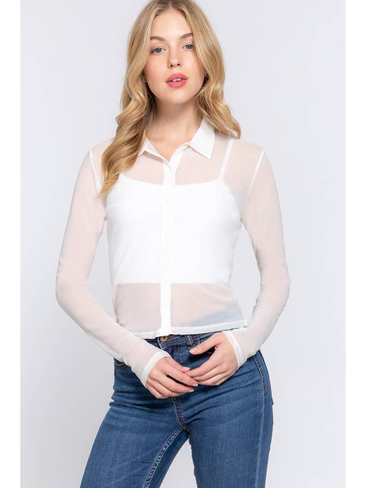 Active Basic | Active USA - Wholesale Button Down Shirt - Women's - Long Sleeve Notched Collar Mesh Top 4