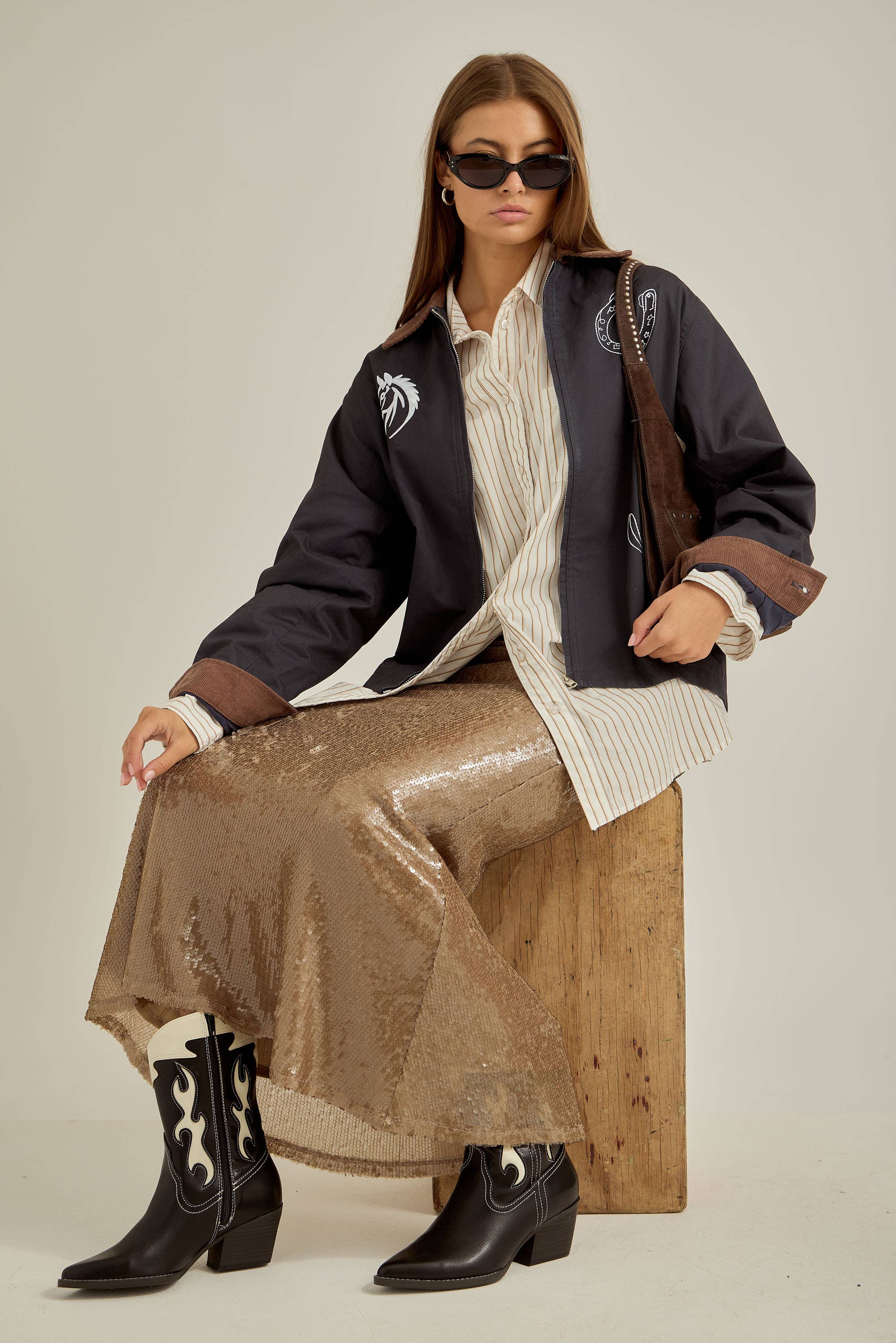 Navy brown Westward accent color detail jacket for wholesale on Faire2