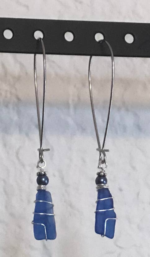 Essence of Fire & Sea - Wholesale Dangle Earrings - Beach Glass / Sea Glass Wire Wrapped with Pearl Earrings7