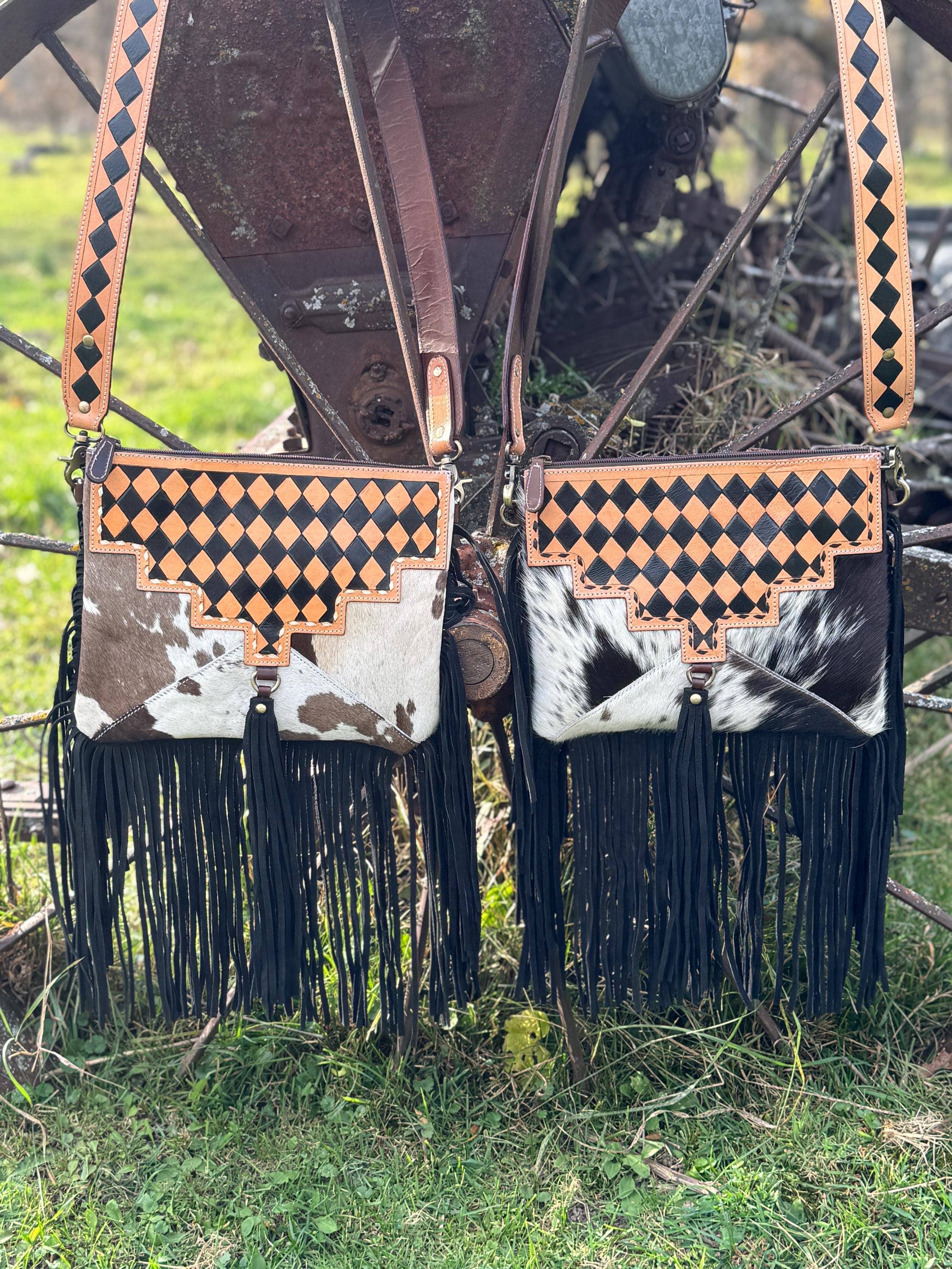 Double B Wild Rags - Venta al por mayor Bandolera - Mujer - Bolso de cuero genuino de vaca a cuadros en tonos marrones con flecos de Double B Wild Rags.3