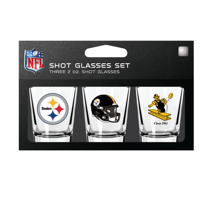 Mojo Licensing - Wholesale Shot Glass - Pittsburgh Steelers 3-Pack Shot Glass Set