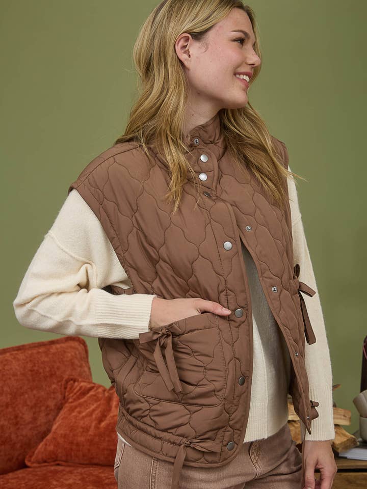Blu Pepper - Wholesale Outerwear Vest - Women's - TIE DETAIL SNAP BUTTON DOWN QUILTED PUFFER VEST 12