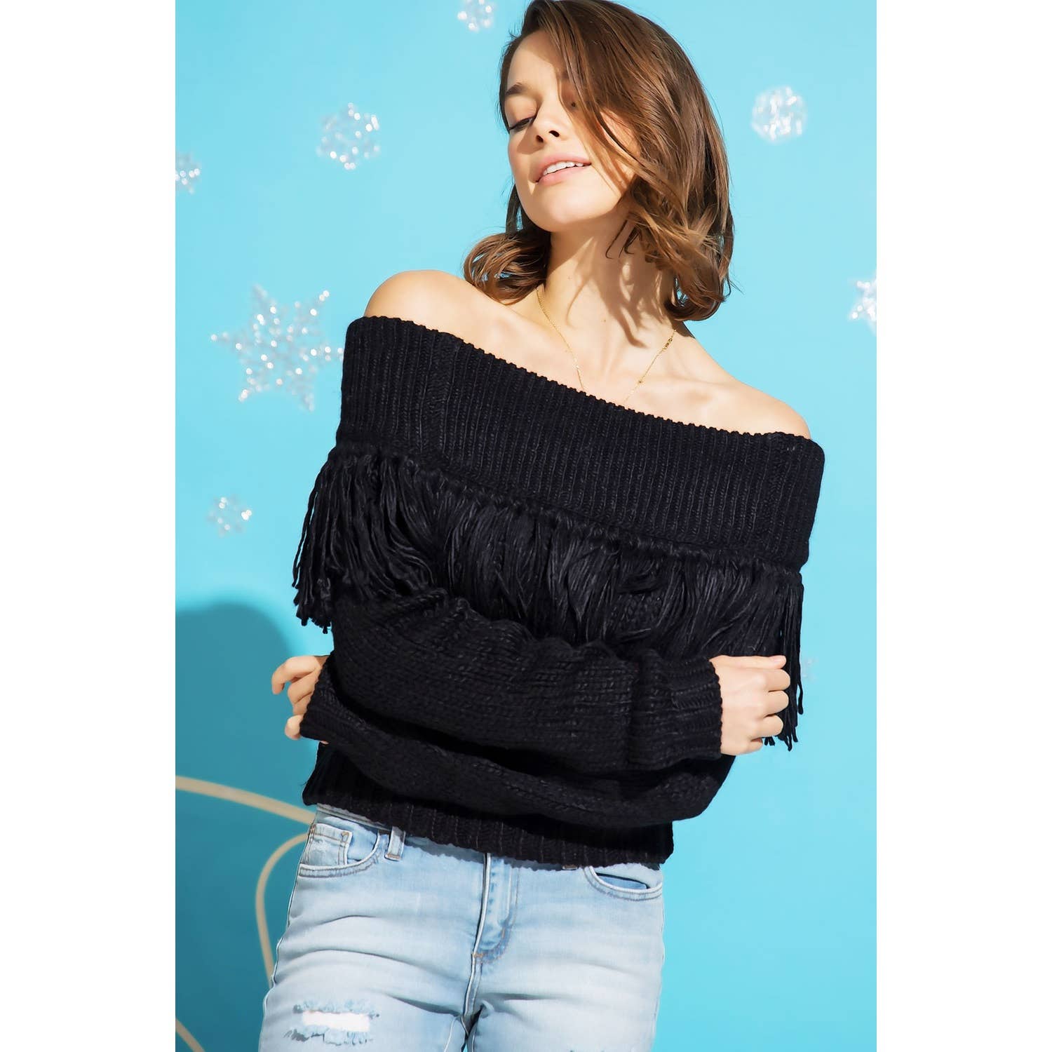 Sweet Generis - Vente Pull en maille – femme - PULL EN MAILLE ÉPAISSE À FRANGES ET ÉPAULES DÉNUDÉES6
