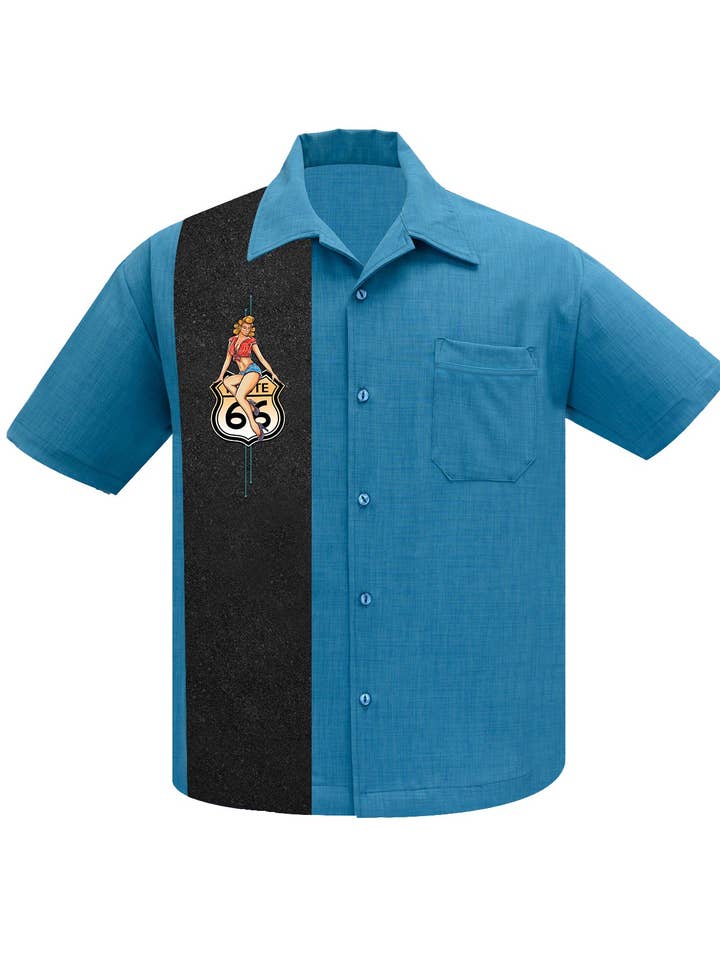 Camicia da bowling Route 66 Pin-Up Panel nel Pacifico per la vendita all'ingrosso da parte di Steady Clothing