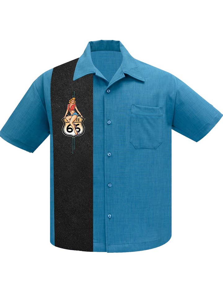 Steady Clothing - Wholesale Button Down Shirt - Men's - Route 66 Pin-Up Panel Bowling Shirt in Pacific