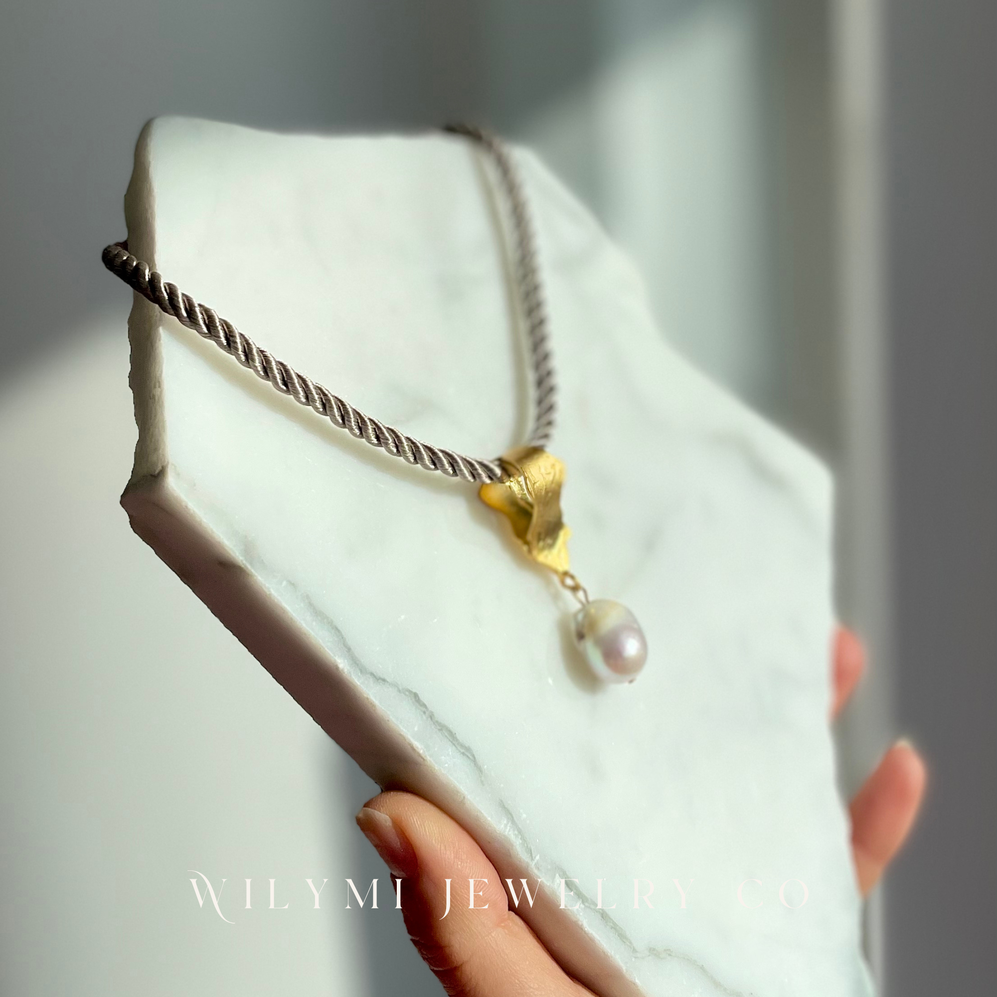 WILYMI Jewelry Co – wholesale Choker/collar – Grey Silk Braided Rope + Pearl Choker | 24k GP | Adjustable7