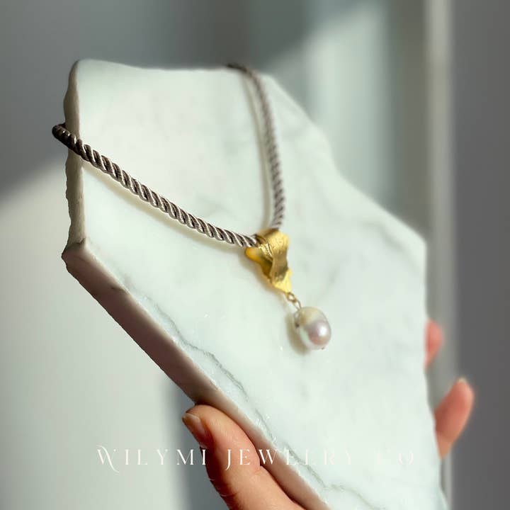 WILYMI Jewelry Co – wholesale Choker/collar – Grey Silk Braided Rope + Pearl Choker | 24k GP | Adjustable7