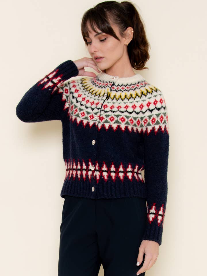 FAIR ISLE KNIT SWEATER BUTTON-DOWN CARDIGAN- TI6460FO for wholesale by Fore Collection