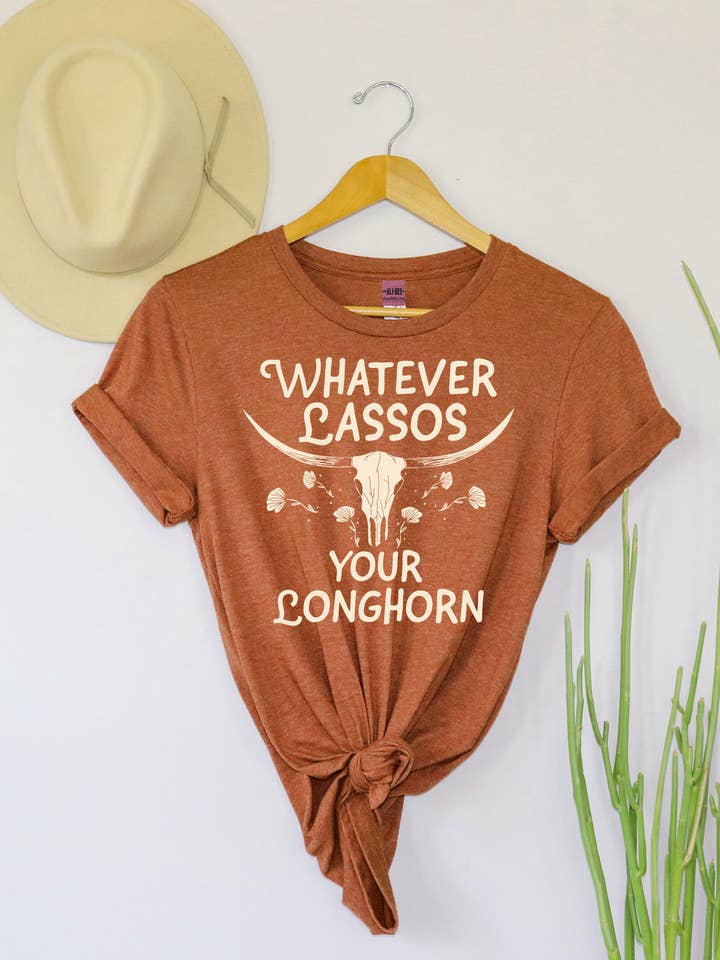 Whatever Lassos Your Longhorn Tee - Heather Autumn for wholesale by Ali Dee