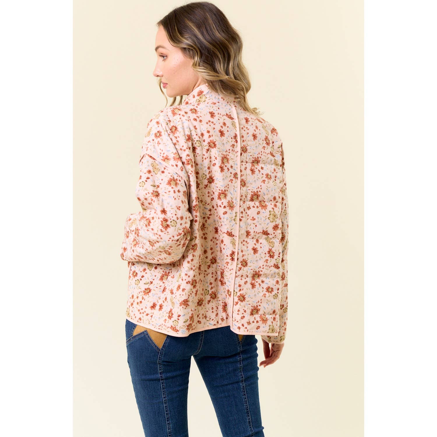 PEACH FLORAL PRINT QUILT JACKET for wholesale on Faire1