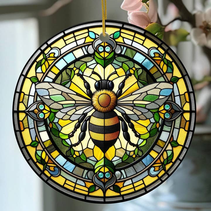 Fernville Creations - Wholesale Ornament - Bee Ceramic Ornament, Stained Glass Image, Nature Decor