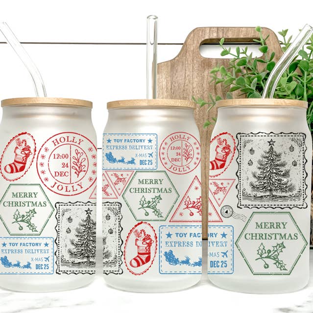 Christmas Stamps Coffee Cup Holly Jolly Christmas Gift 16oz for wholesale by Kate Haven Glass Tumblers for Every Occasion