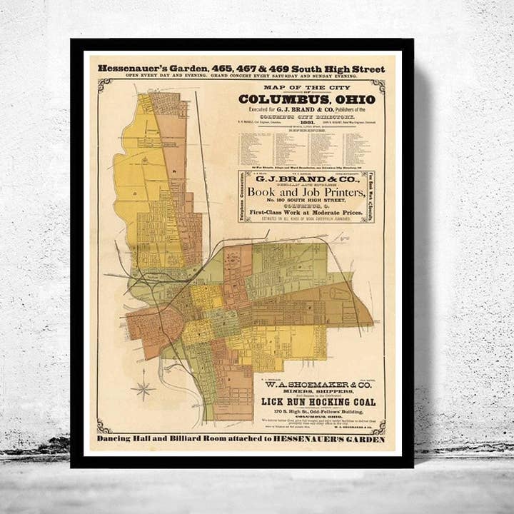 Old Map of Columbus Ohio 1881 Vintage Map | Vintage Map Wall Art Print por atacado de OldCityPrints - Old Maps and Posters