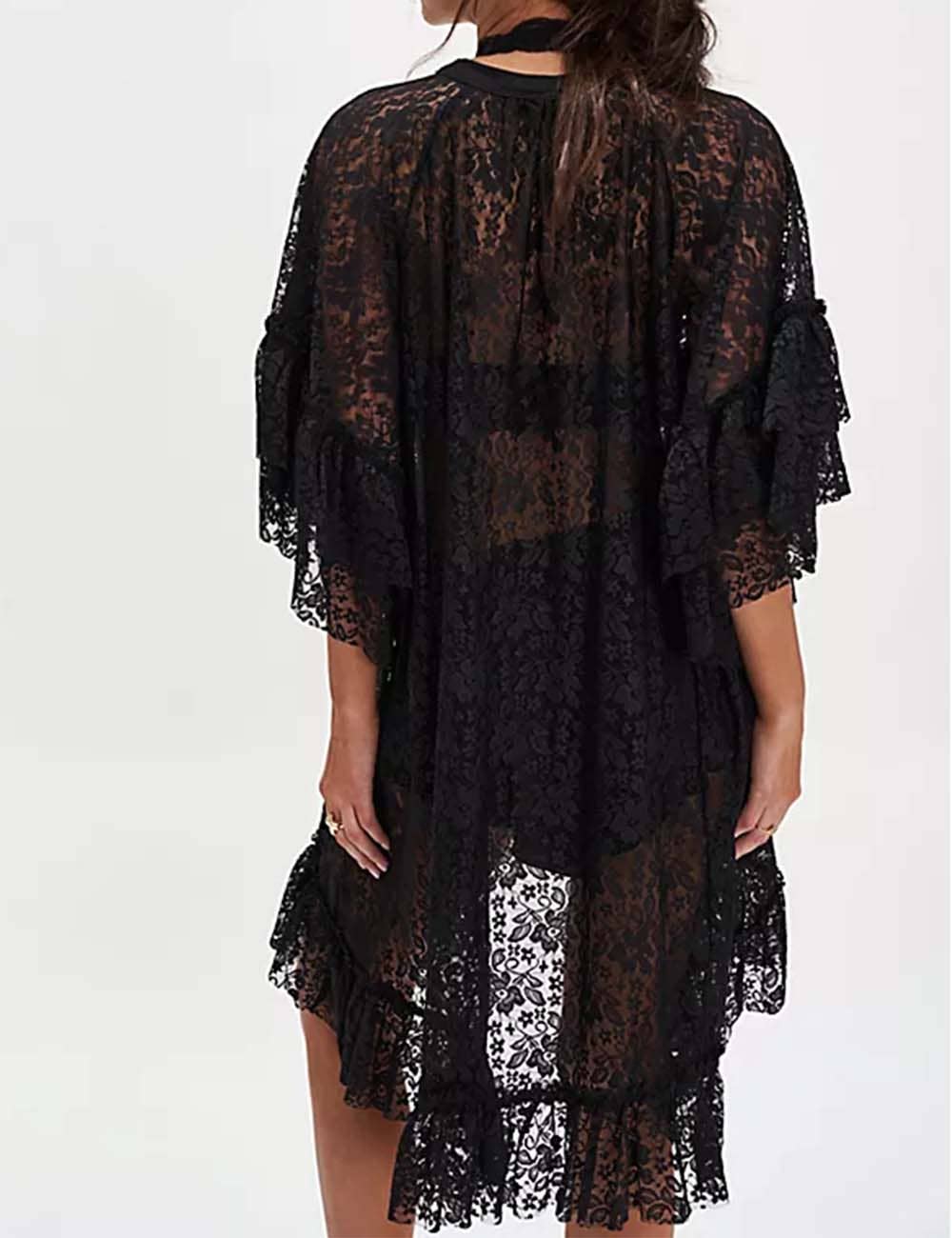 Sweetkama - Vente Chemisier – femme - Blouse à manches mi-longues irrégulières en dentelle florale transparente pour femmes2