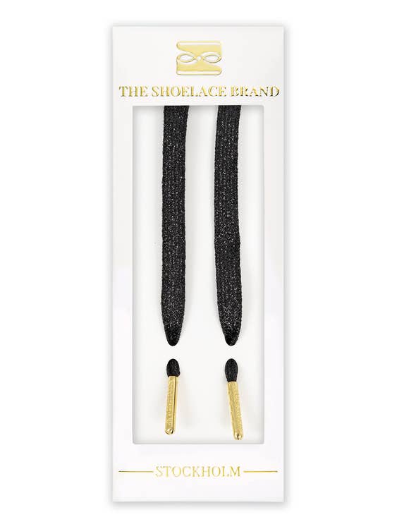 The Shoelace Brand - Wholesale Shoelaces - Women's - Glitter Black – Sparkling Black Shoelaces with Gold Tips