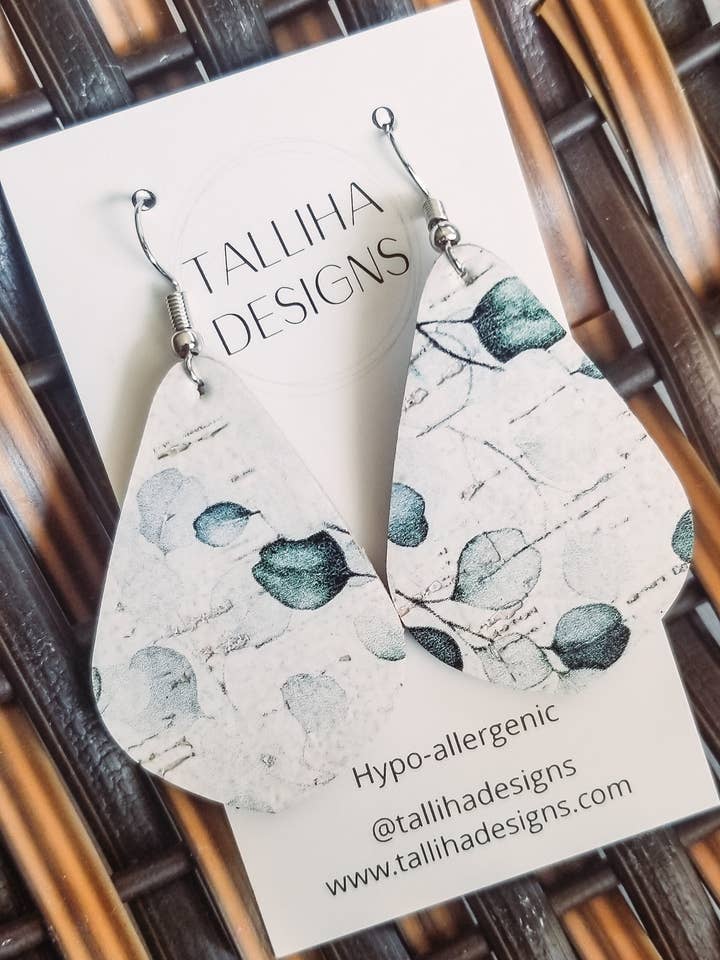 White Eucalyptus Genuine Leather Backed Cork Bella Earrings for wholesale by Talliha Designs