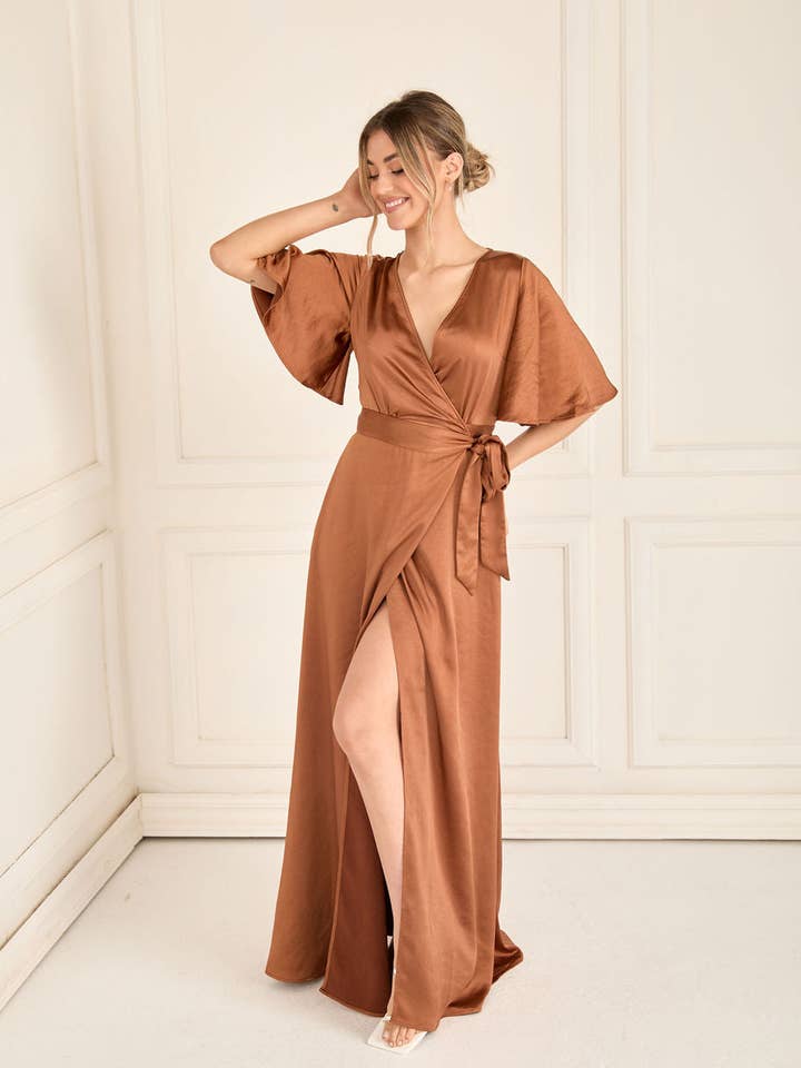 Vestido Wrap Tie Cetim Bridesmaid - Ferrugem por atacado de Six Stories